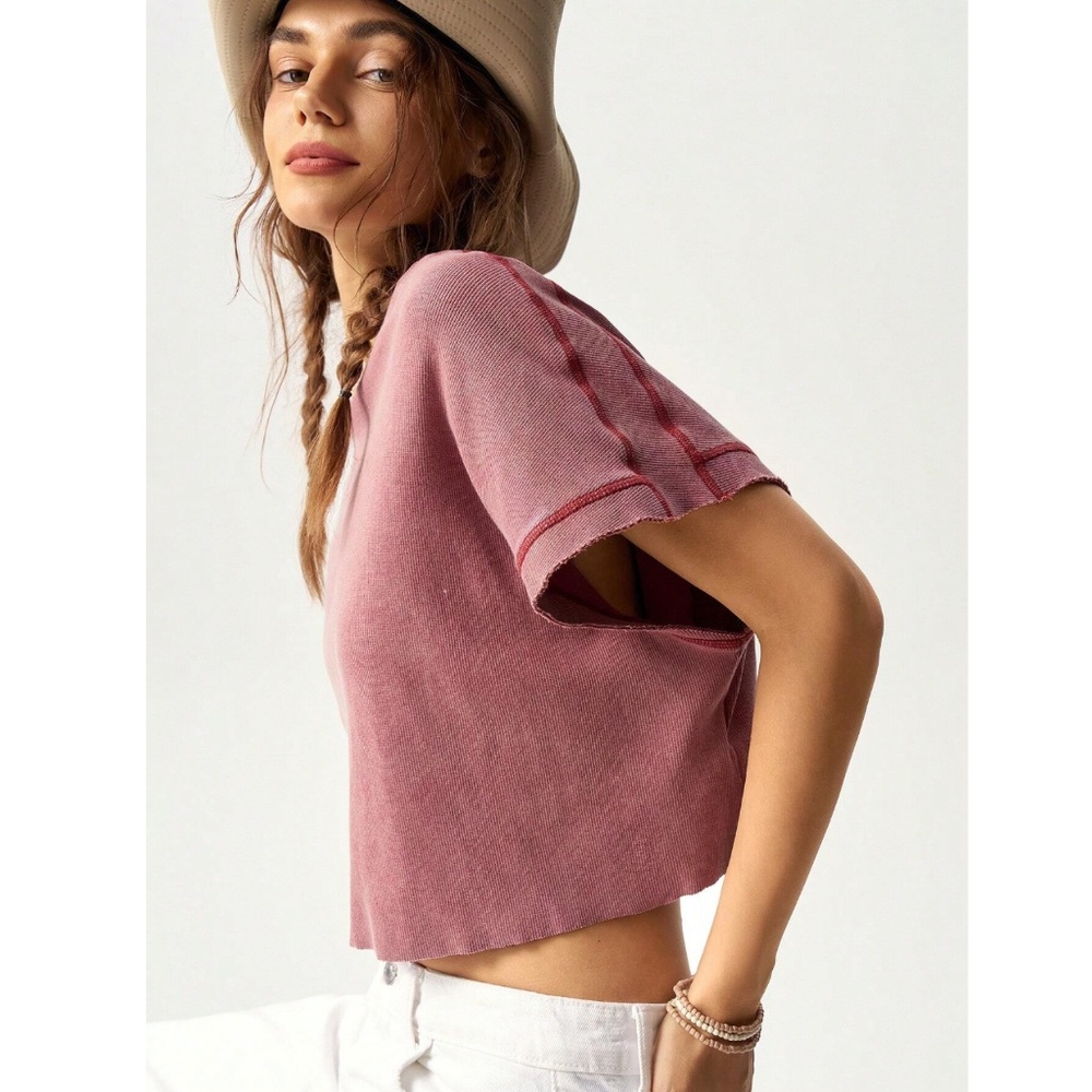 Redwood Cotton Oversized Cropped Muscle Tee Shirt Raw Hem and Inside Out Stitch - Picture 4 of 12